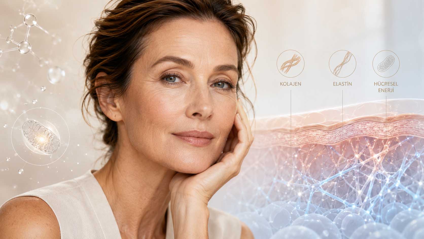 Cilt yaşlanmasını gösteren orta yaşlı kadın yüzü ile kolajen, elastin, fibroblast, mitokondri ve cilt katmanlarını temsil eden bilimsel görsel