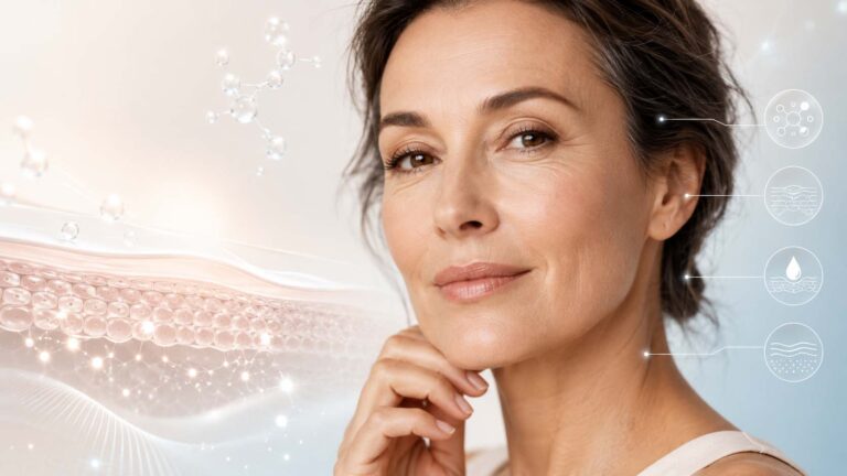 Skin longevity yaklaşımını temsil eden, sağlıklı ve doğal görünümlü kadın cildi ile cilt bariyeri, kolajen, nem ve çevresel koruma sembolleri