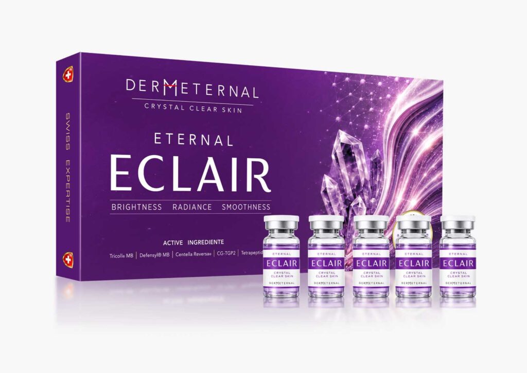 Eternal Eclair kutu ve flakon görseli: ülündeki Tetrapeptide-30, süksinik asit, CG-TGP2, Defensyl MB, Centella Reversa, Ectoin, Tricol MB ve hyalüronik asit