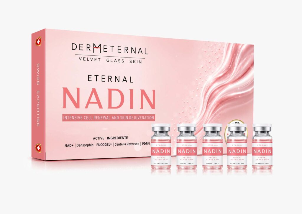 Eternal Nadin kutu ve flakon görseli: formülündeki NAD+, Centella Reversa, peptitler, Ectoin, Fucogel, Sodium DNA, kolajen, beta glukan ve hyalüron